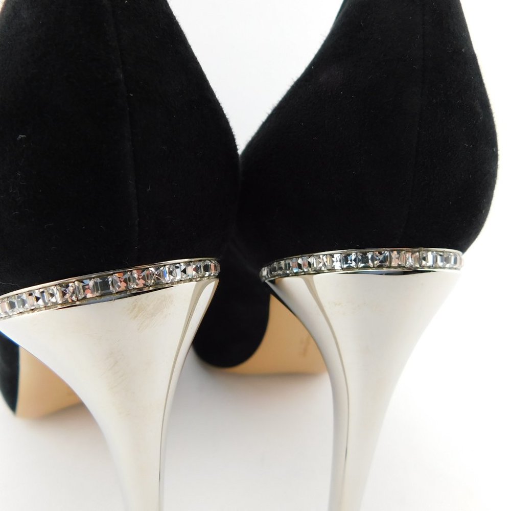 New FERRAGAMO Black Suede Leather Crystal Accent Trim Heel Pumps 8.5 - Picture 6 of 10